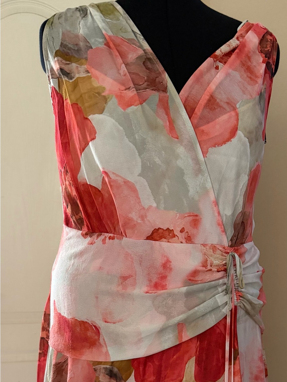 Donna Karan One-Shoulder Floral Watercolor Dress in Coral, Pink & White
